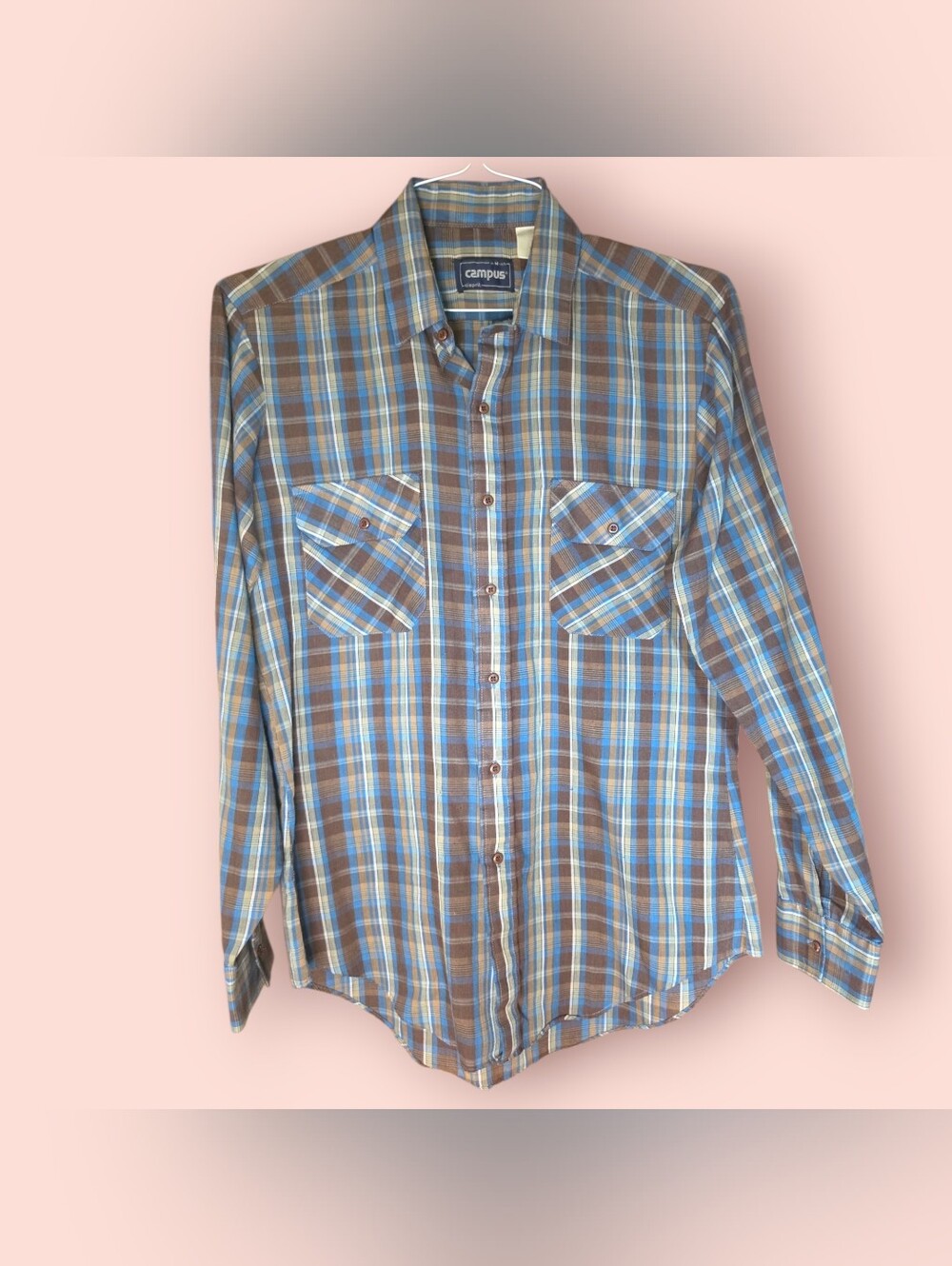 ^ Men's Esprit Campus Brown & Blue Plaid Button-Up Shirt